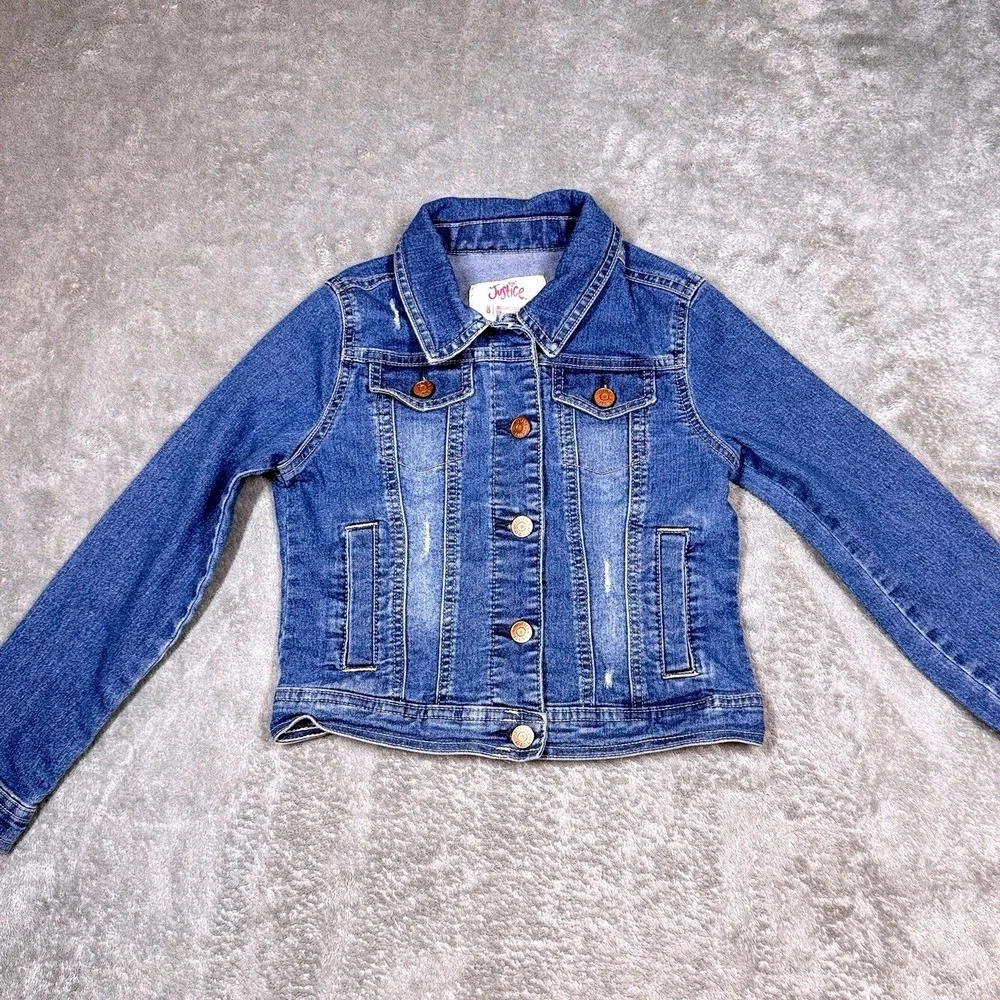 Justice Denim Jacket Girls Size‎ 8 Blue Jean Button Up Stretch Kids